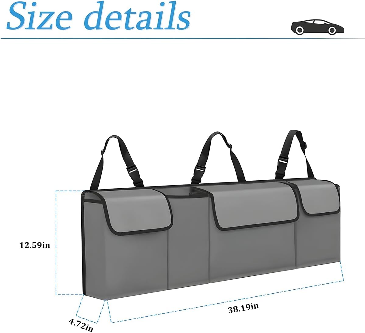 Car Trunk Organizer, Backseat Hanging Large Storage with Adjustable Straps, Waterproof Collapsible Cargo Bag with 4 Pockets, Sturdy Space Saver Frees Trunk Floor for SUV, Truck, MPV