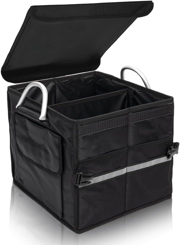 Trunk Organizer With Lid,Small,Black 28L,For SUV Car Truck,Collapsible Waterproof Oxford Fabric,Portable Multipurpose sorting,2-Compartments with Aluminium Alloy Handle