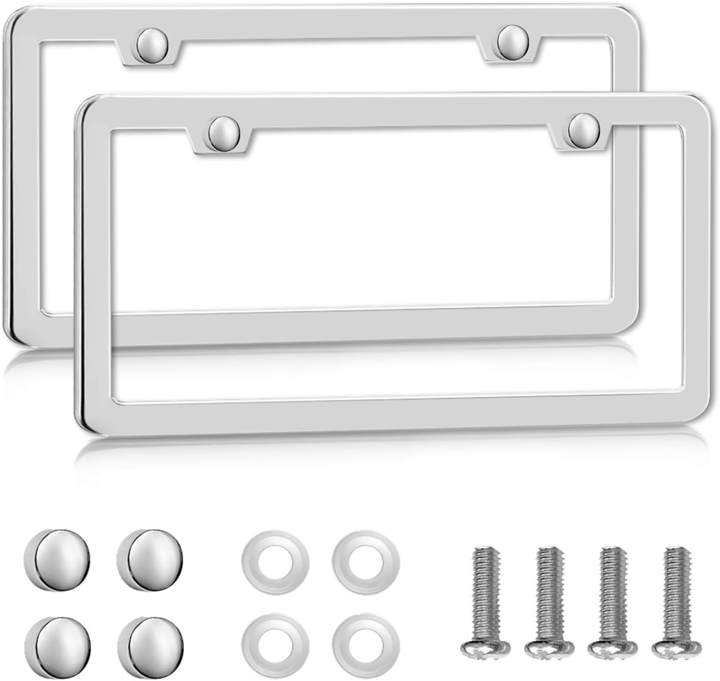 Solid Silver License Plate Frames 2 Pack, 2 Holes Rust-Proof License Plate Holder, Universal Car Stainless Steel License Plate Frame for Women & Man (Screws & Chrome Caps) by