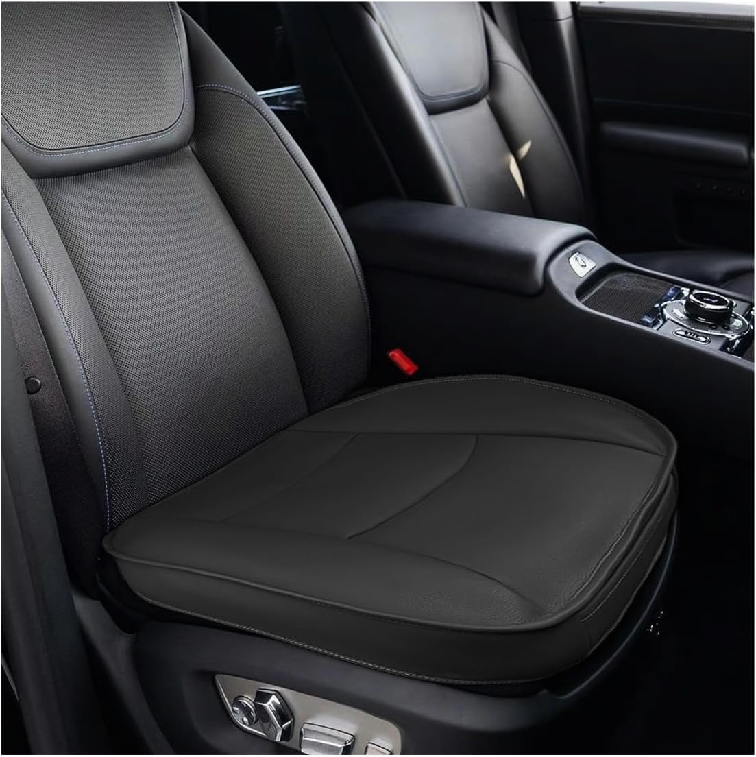 Car Seat Bottom Cover, Comfortable Leather Auto Front Seat Button Cushion with Pocket, Anti-Slip and Wrap Around The Bottom Vehicle Seat Protector, Universal Car Accessories (Black)