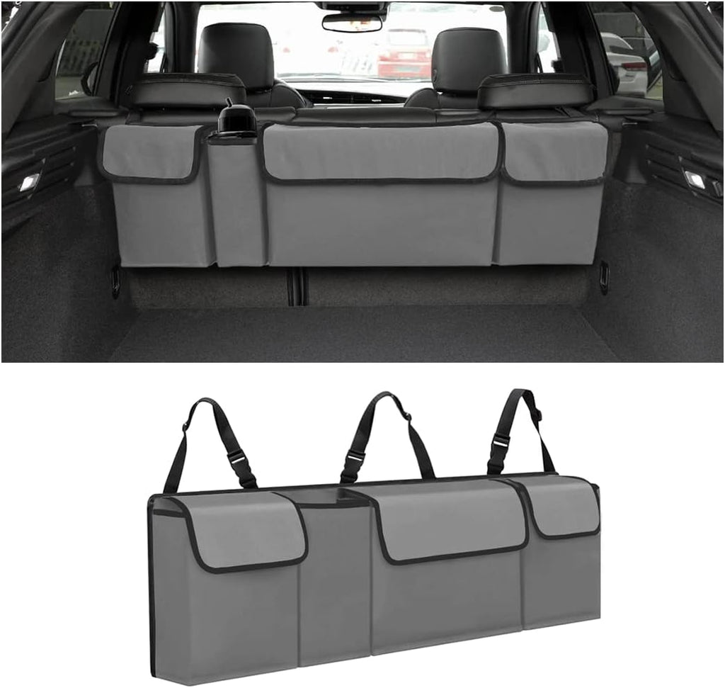 Car Trunk Organizer, Backseat Hanging Large Storage with Adjustable Straps, Waterproof Collapsible Cargo Bag with 4 Pockets, Sturdy Space Saver Frees Trunk Floor for SUV, Truck, MPV