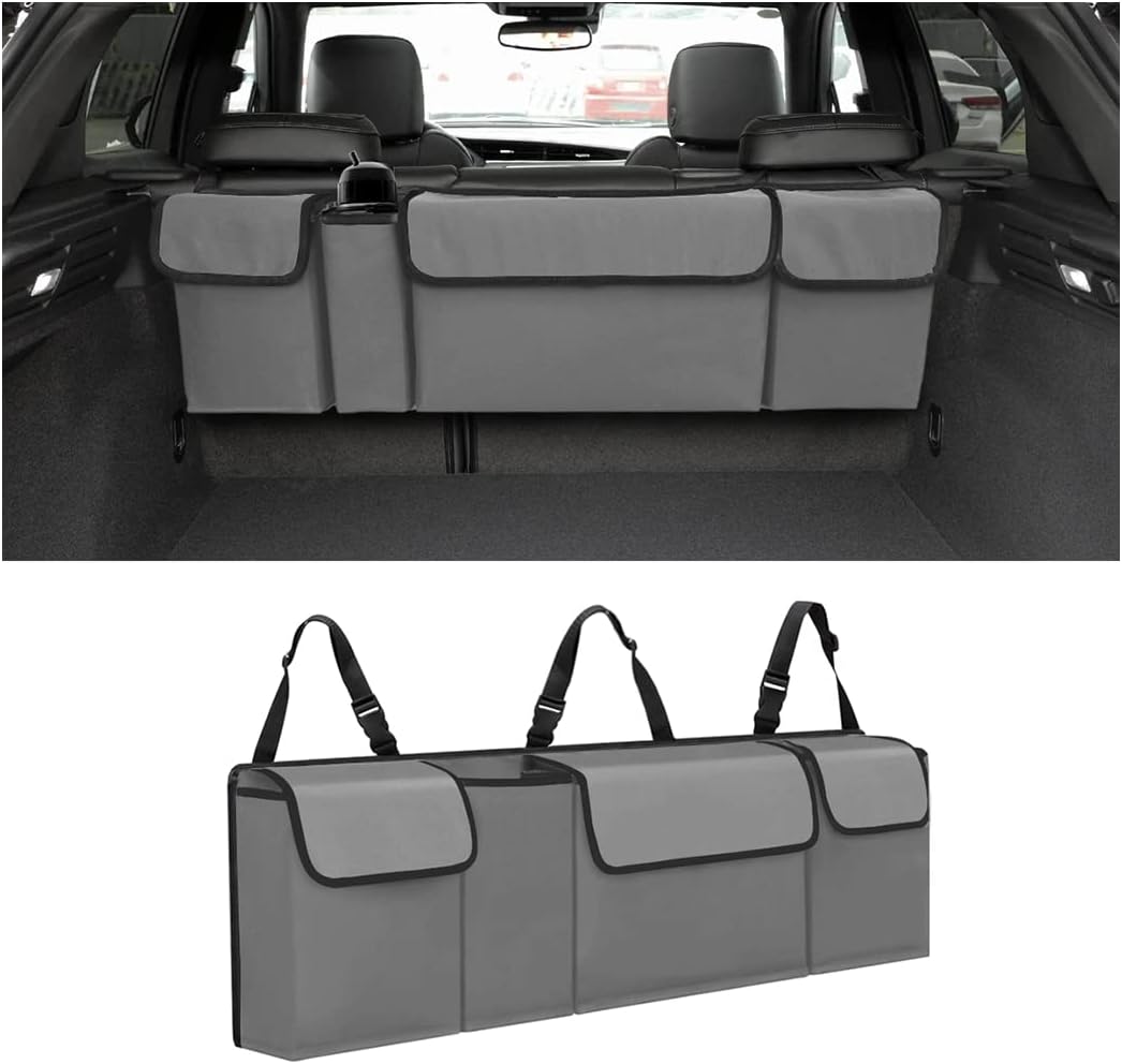 Car Trunk Organizer, Backseat Hanging Large Storage with Adjustable Straps, Waterproof Collapsible Cargo Bag with 4 Pockets, Sturdy Space Saver Frees Trunk Floor for SUV, Truck, MPV
