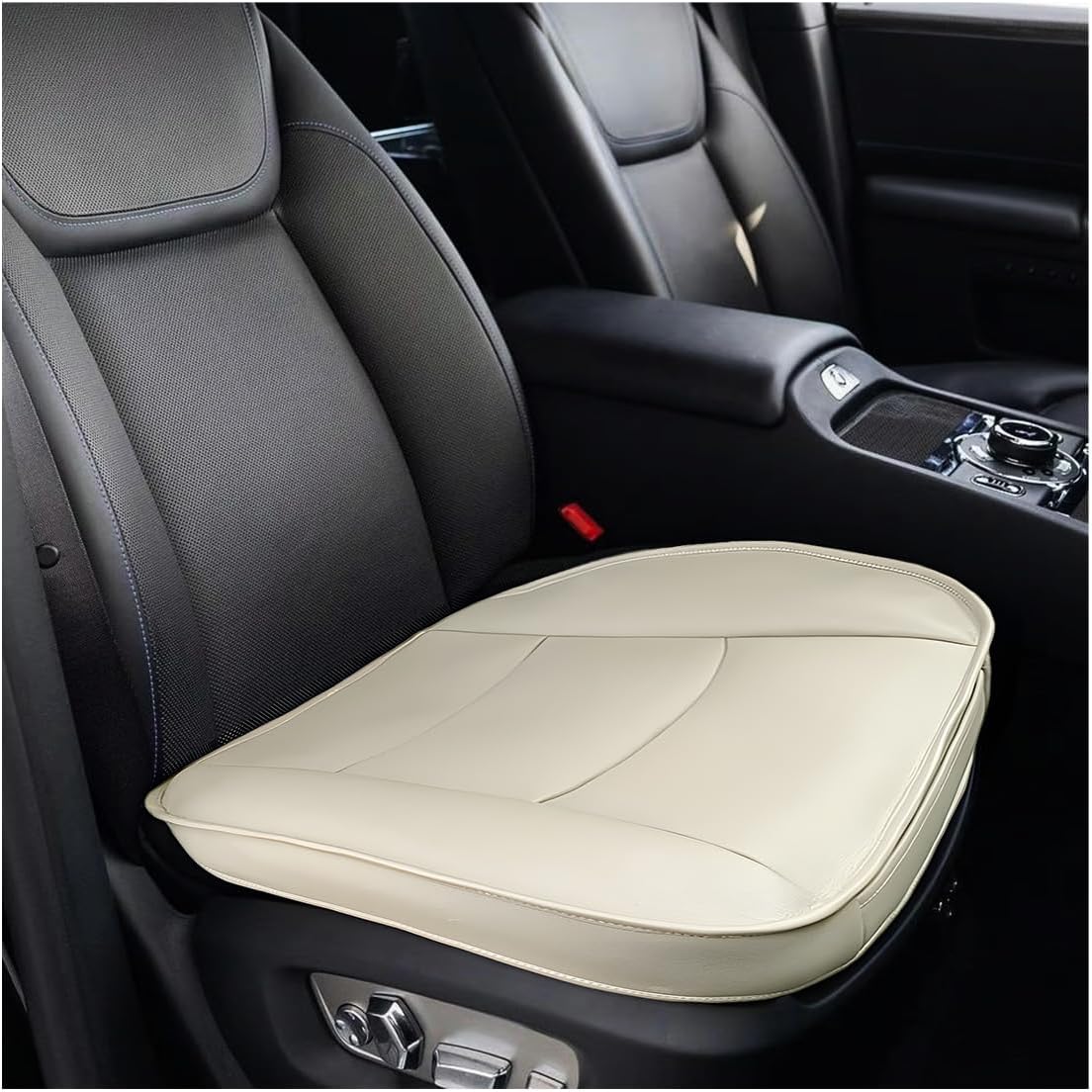 Car Seat Bottom Cover, Comfortable Leather Auto Front Seat Button Cushion with Pocket, Anti-Slip and Wrap Around The Bottom Vehicle Seat Protector, Universal Car Accessories (Beige)