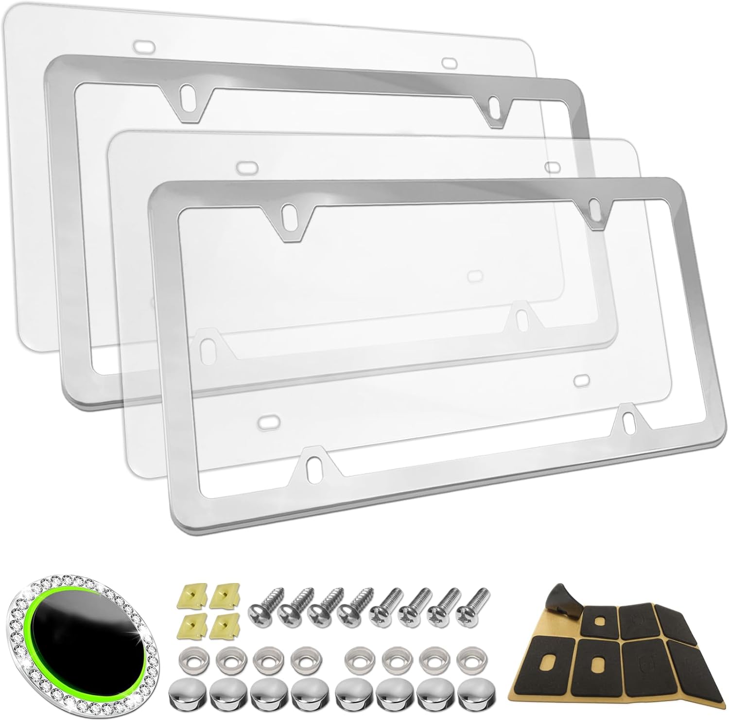 Clear License Plate Frames Covers- 2 Pack Flat Car Tag Protector and Stainless Steel Chrome Holder, Road Legal Unbreakable Acrylic Protective Shield with Screws Caps for Front Rear
