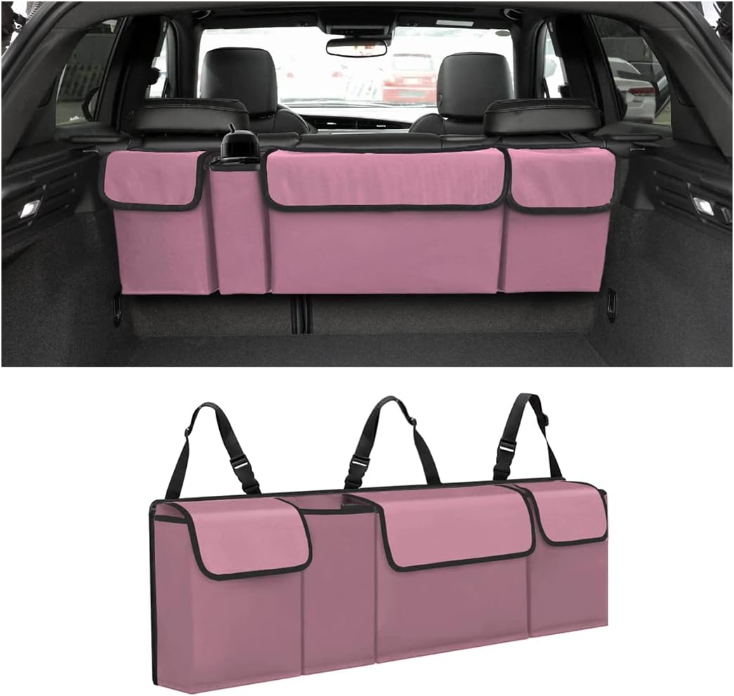 Car Trunk Organizer, Backseat Hanging Large Storage with Adjustable Straps, Waterproof Collapsible Cargo Bag with 4 Pockets, Sturdy Space Saver Frees Trunk Floor for SUV, Truck, MPV
