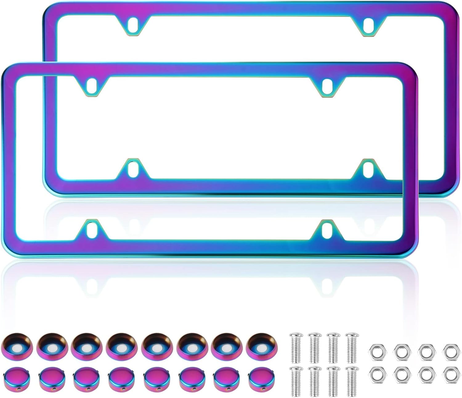 Iridescent License Plate Frame, 2 Pack Stainless Steel Mirror Polish Treatment, Universal US Car License Plate Bracket Holder, 4 Holes Theft Design, Rustproof Weatherproof(with mounting Fittings).
