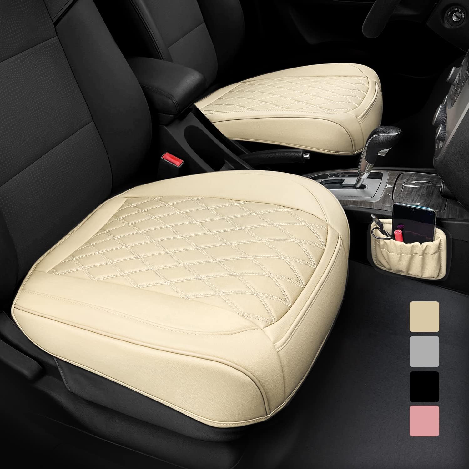 2 Pack Leather Front Car Seat Cover Bottom Car Seat, Anti-Slip and Full Wrap Driver Car Seat Protectors with Storage Pocket, Luxury Waterproof Bottom Auto Seat Cushion Pad Mat for Most Vehicles(Beige)