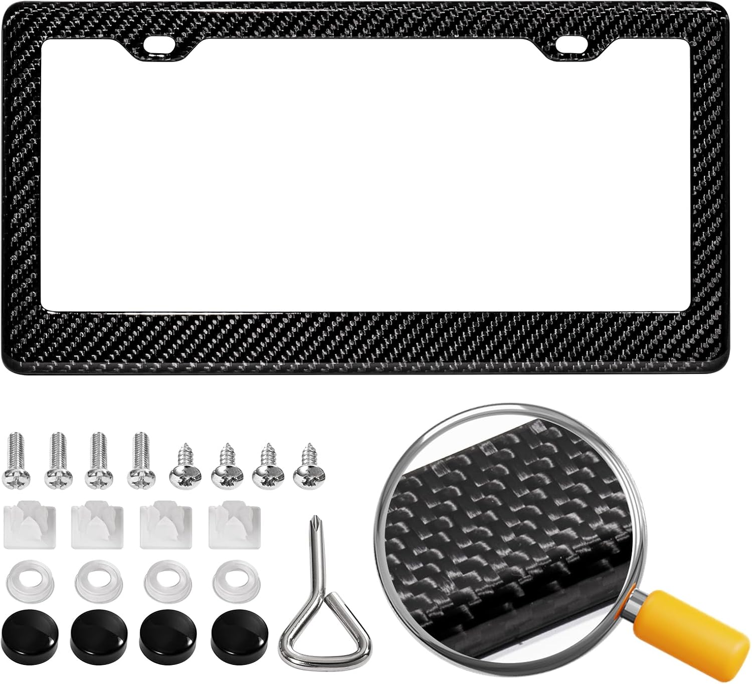 Real Carbon Fiber License Plate Frame, 100% Pure Carbon Fiber Frame, Black License Plate Holder Cover with Screw Caps, Anti-Vibration Pads, (Twill 2 Hole)