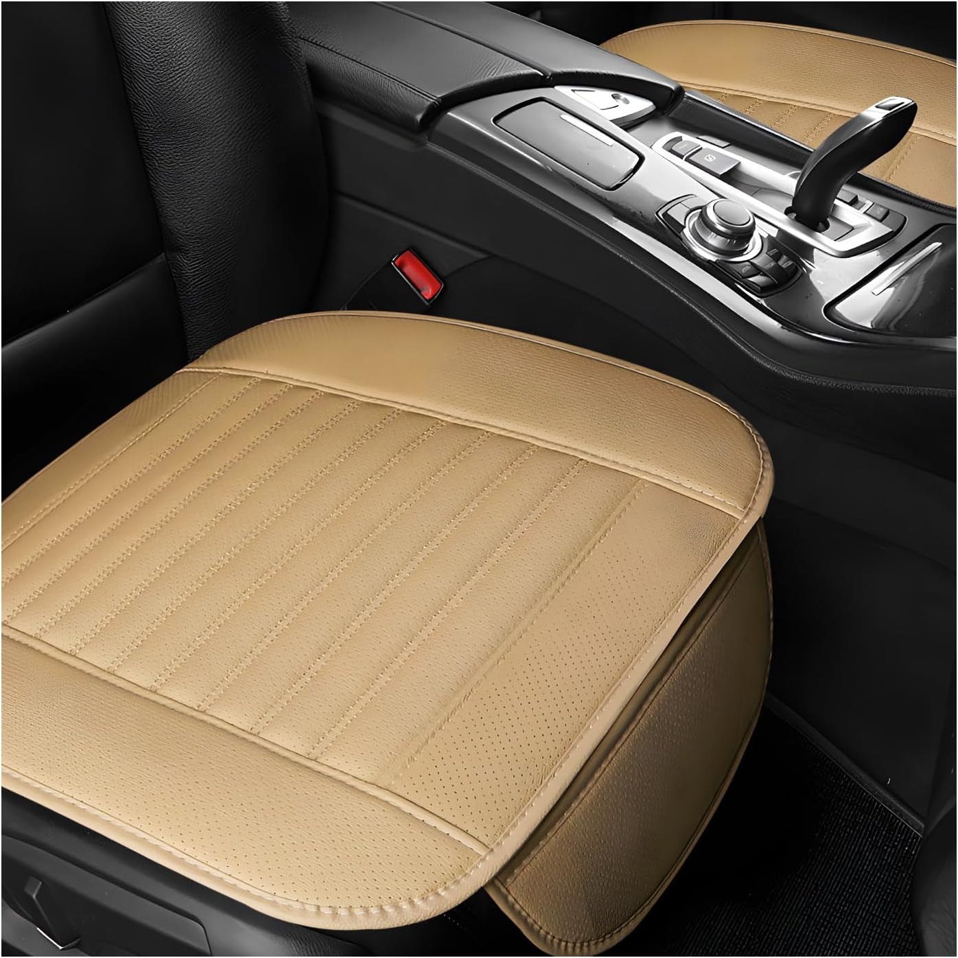 2 PCS Car Seat Covers for Front Seats, Breathable Leather Cushion Protector, Anti-Slip Driver Seat Padded with Storage Pockets, Universal Car Accessories for Most Cars, SUVs (Beige)