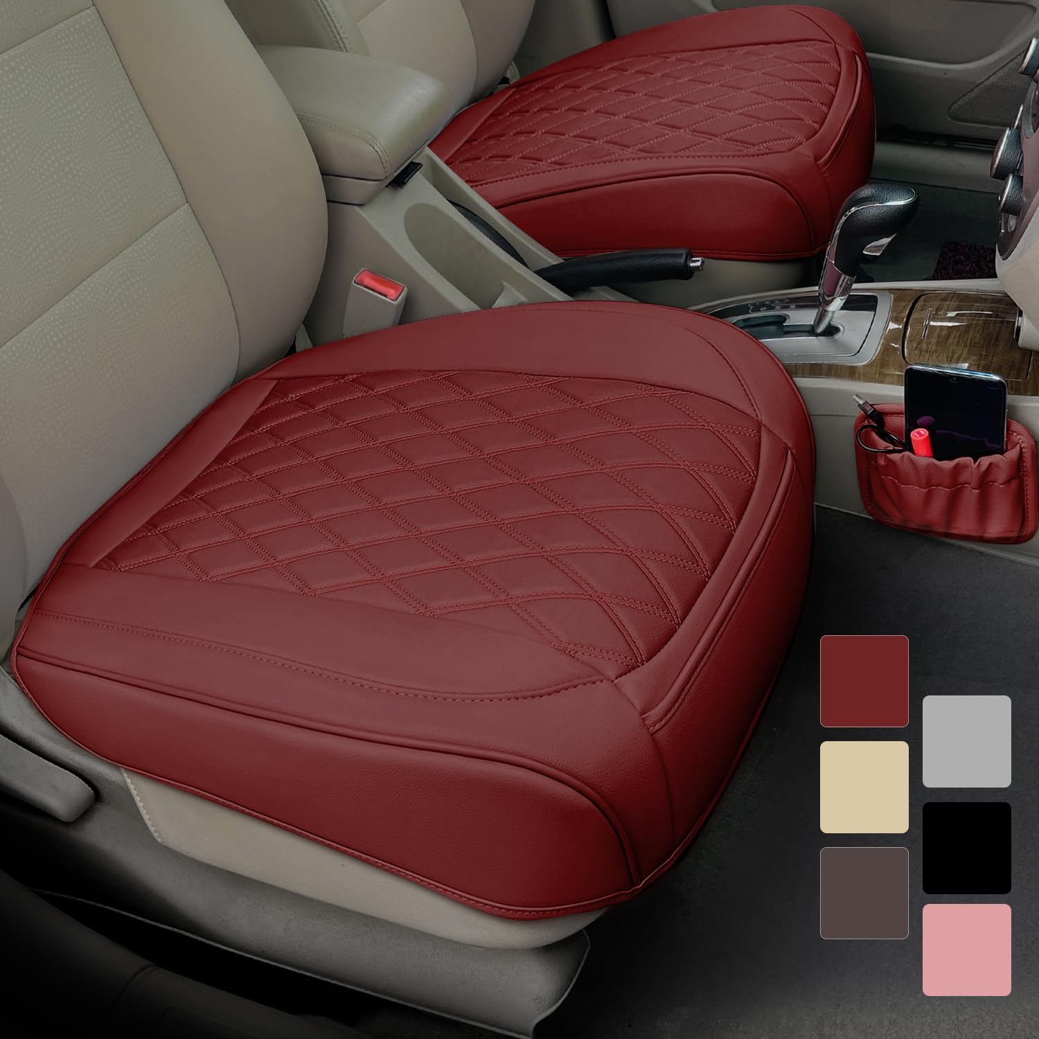 2 Pack Leather Front Car Seat Cover Bottom Car Seat, Anti-Slip and Full Wrap Driver Car Seat Protectors with Storage Pocket, Luxury Waterproof Bottom Auto Seat Cushion Pad Mat for Most Vehicles(Red)