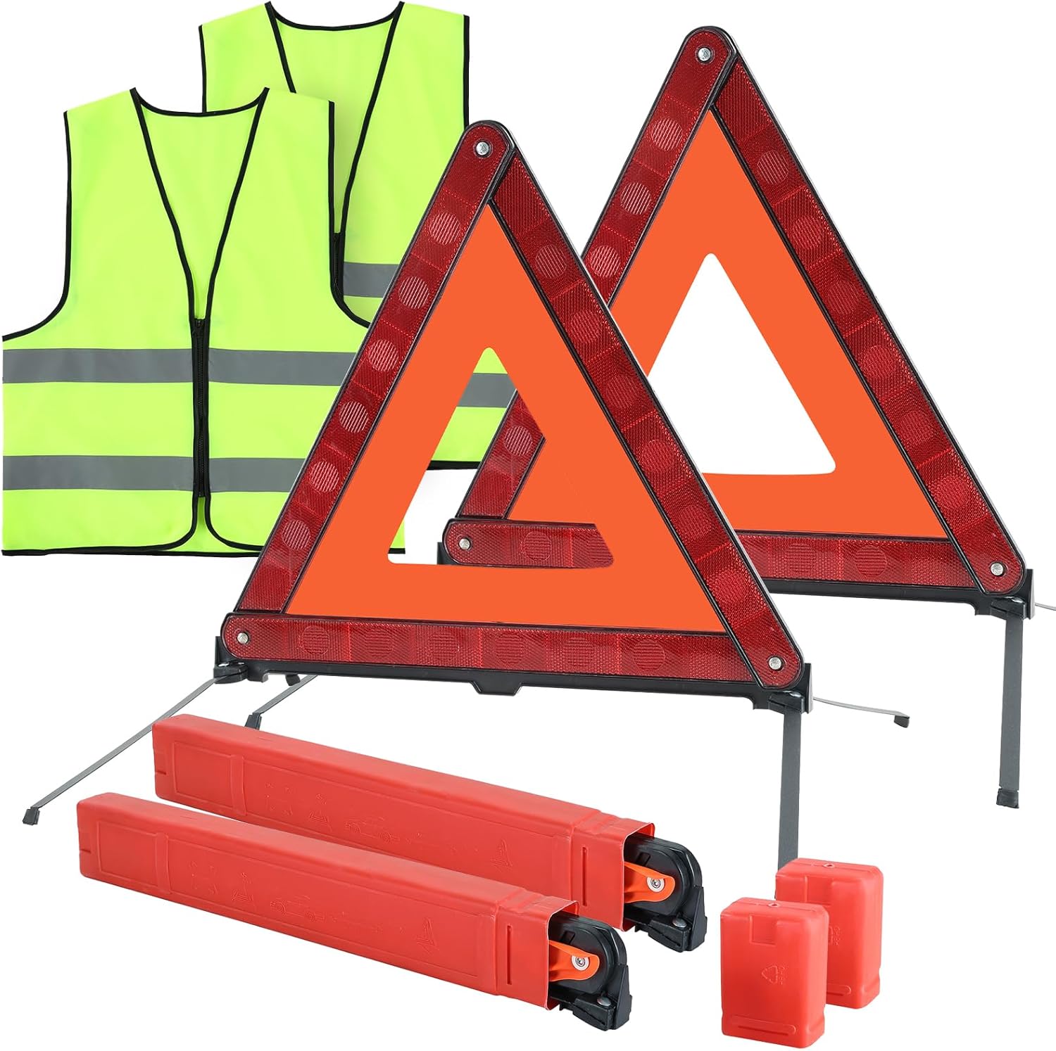 2 Pack Emergency Triangle + 2 Pack Reflective Vest, Foldable Reflective Emergency Triangles Roadside with Reflective Warning Vest, Base Roadside Triangle Kit, Roadside Emergency Car Kit