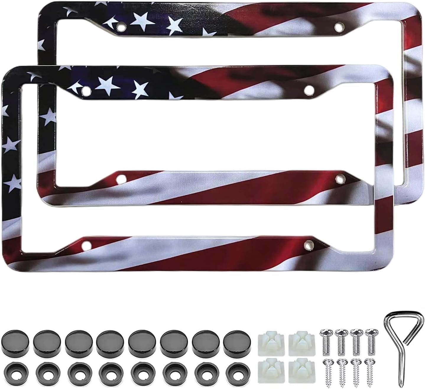 American Flag License Plate Frame Holder - 2 Pack Universal Aluminum Matte Stripe US Flag Gloss Patriotic Car Plate Frame Covers with Free Screws Fasteners Caps