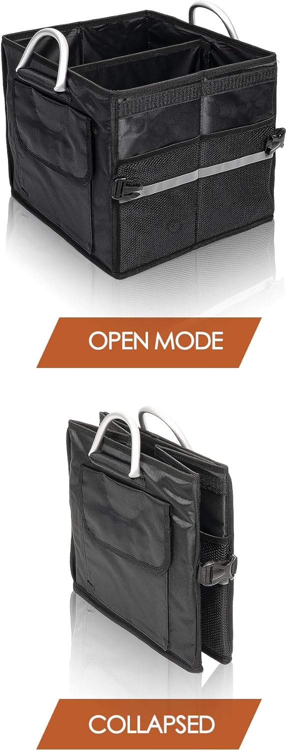 Trunk Organizer With Lid,Small,Black 28L,For SUV Car Truck,Collapsible Waterproof Oxford Fabric,Portable Multipurpose sorting,2-Compartments with Aluminium Alloy Handle