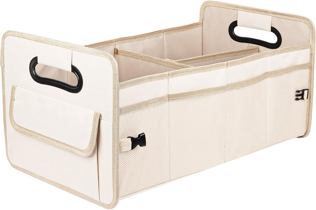 Car Trunk Organizer, Car Organizers and Storage Collapsible Multi Compartment Container Box, Adjustable Car Accessories for SUV Sedan Truck, Standard Size, Beige