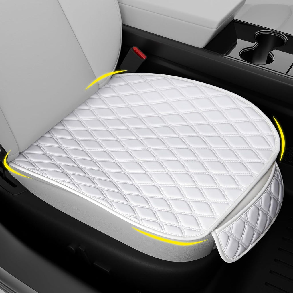 Car Seat Cushion White, Faux Leather Waterproof and Comfortable Seat Protector, Front Bottom Car Seat Covers with Storage Bag, Suitable for Most Vehicles or Office and Home Seats - 1 Pieces