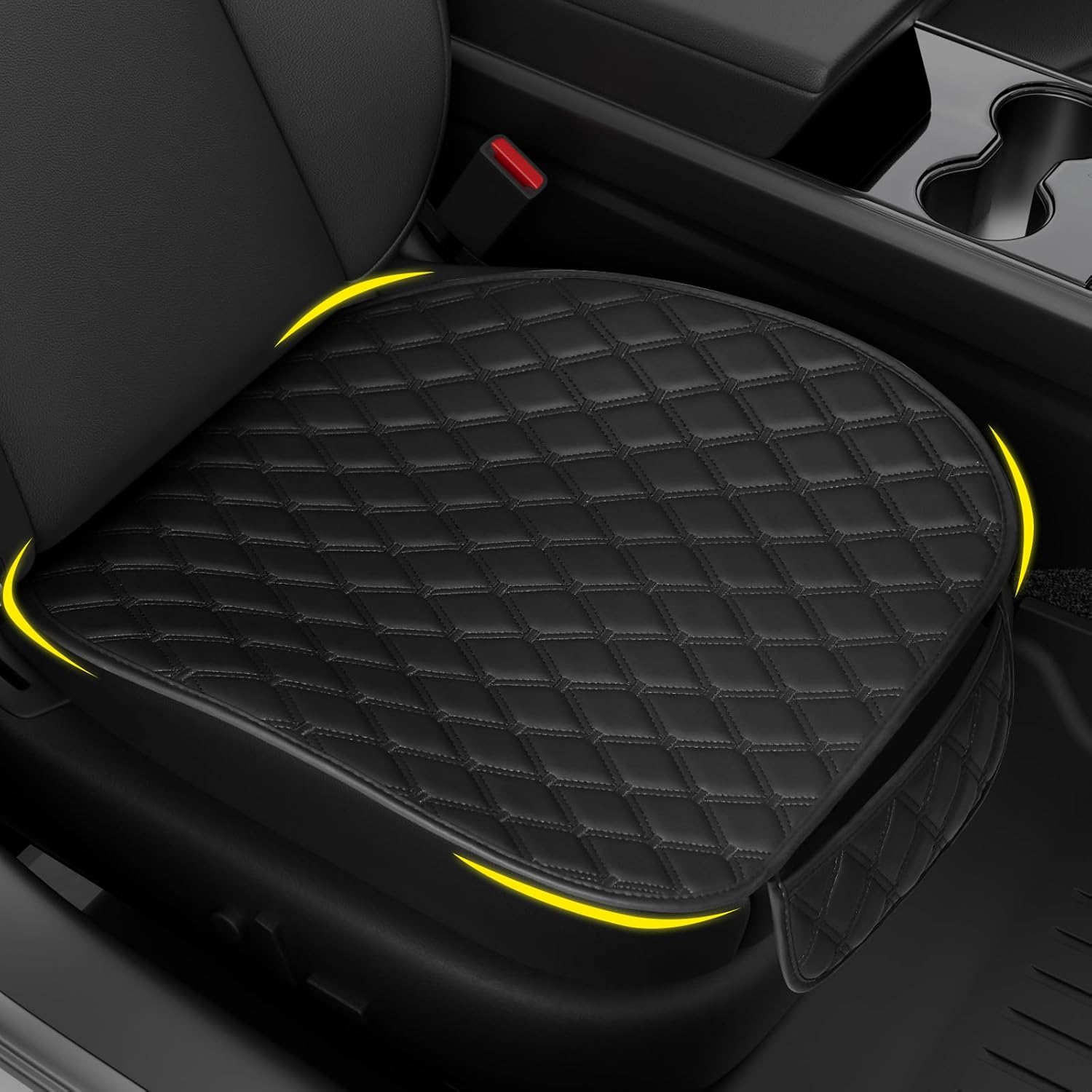 Car Seat Cushion Black, Faux Leather Waterproof and Comfortable Seat Protector, Front Bottom Car Seat Covers with Storage Bag, Suitable for Most Vehicles or Office and Home Seats - 1 Pieces