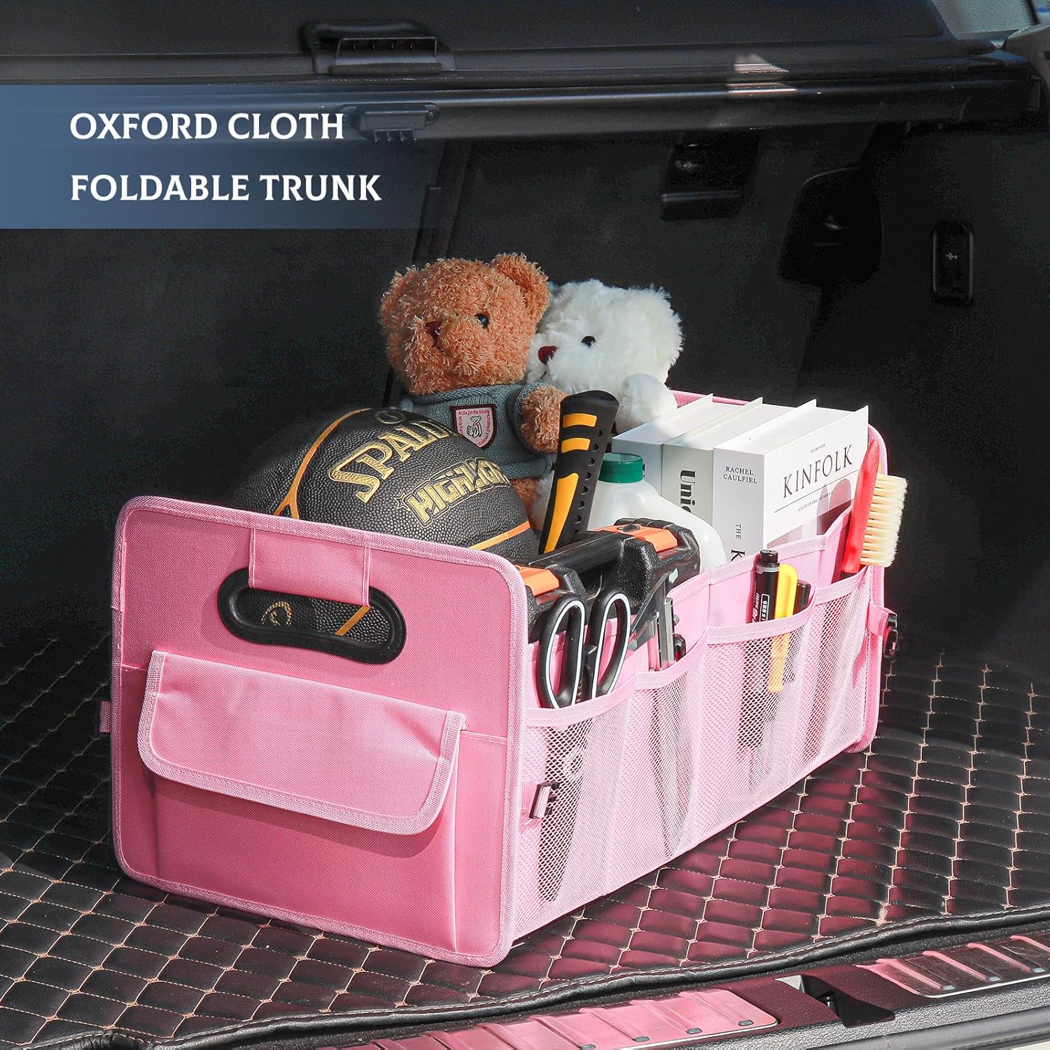 Car Trunk Organizer, Car Organizers and Storage Collapsible Multi Compartment Container Box, Adjustable Car Accessories for SUV Sedan Truck, Standard Size, Pink