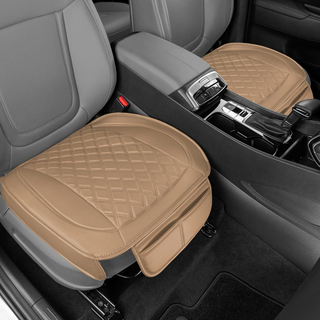 Car Seat Cushion, 2 Pack - Diamond Stitched Faux Leather Seat Covers for Cars Trucks SUV, Beige Padded Car Seat Covers with Storage Pockets, Premium Automotive Seat Covers for Front Seats