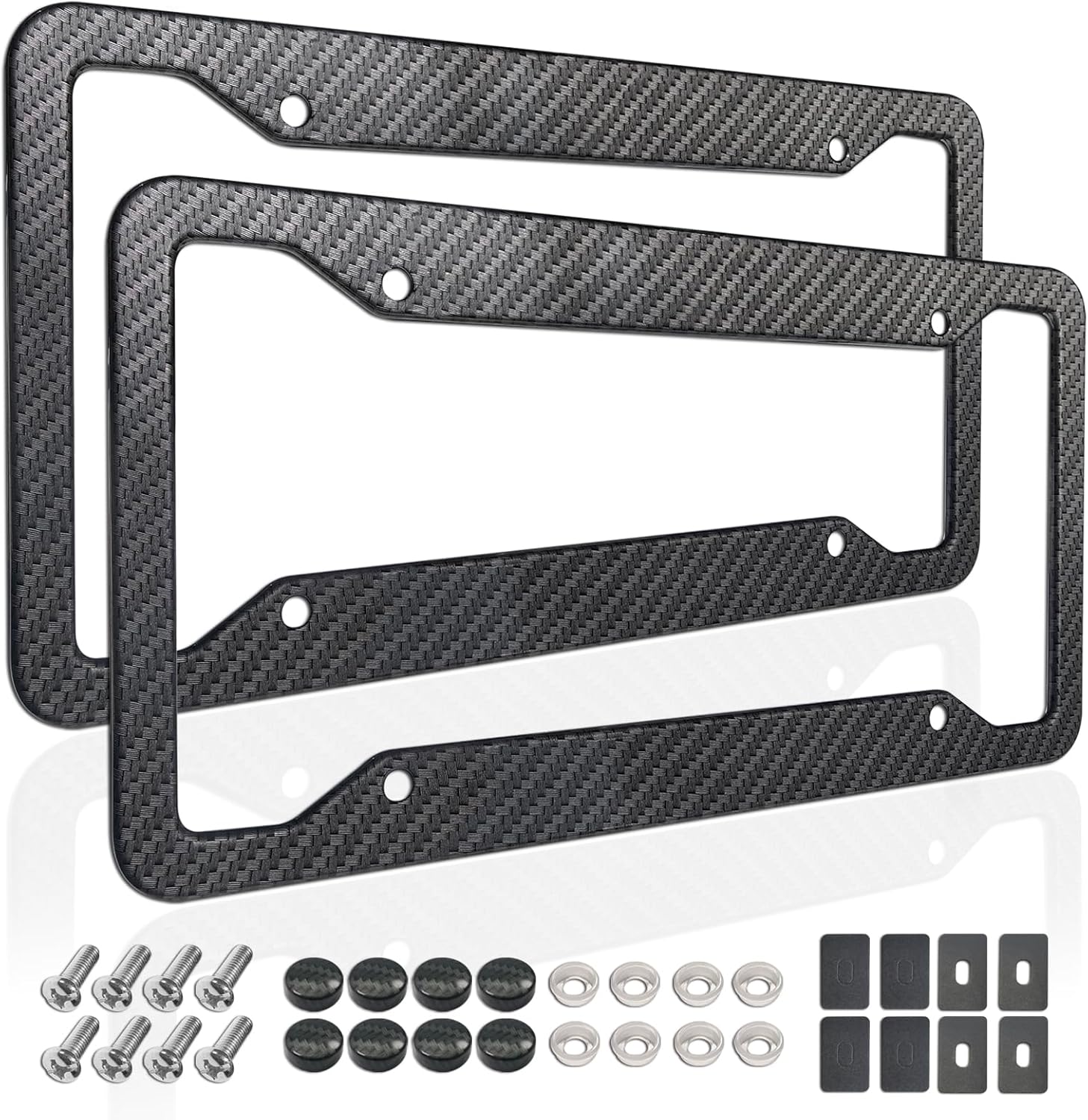 Carbon Fiber License Plate Frames- 2 Pack Black Aluminum Front & Rear Auto Car Tag Holder, Heavy Duty Bracket with Mount Hardware, Screws Caps, Rattle Proof Pads (Carbon Pattern