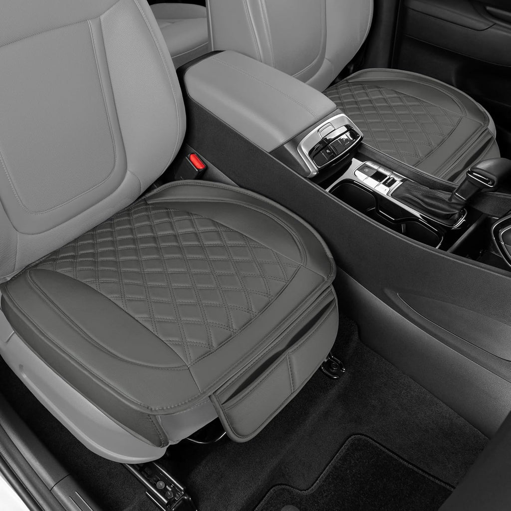 Car Seat Cushion, 2 Pack - Diamond Stitched Faux Leather Seat Covers for Cars Trucks SUV, Gray Padded Car Seat Covers with Storage Pockets, Premium Automotive Seat Covers for Front Seats
