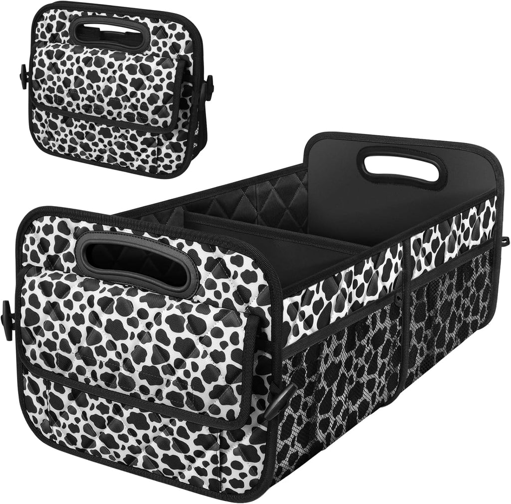 Car Organizer for SUV - 6 Big Pocket Trunk Storage With Waterproof Polyester, Car Accessories for Women/Men, Cow Print (Medium)