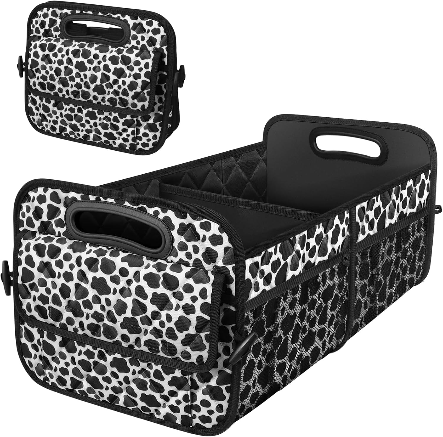 Car Organizer for SUV - 6 Big Pocket Trunk Storage With Waterproof Polyester, Car Accessories for Women/Men, Cow Print (Medium)