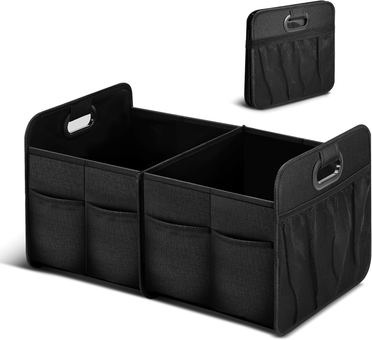 Trunk Organizer for Car/SUV, Collapsible 600D Waterproof Oxford Polyester 50L Storage Box, 2 Compartments Multipurpose Travel Accessories, Anti-slip & Leak-proof, Black New