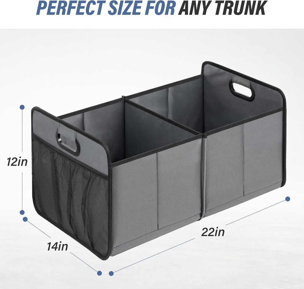 Car Trunk Organizer, Collapsible 2 Compartments Trunk Storage, Anti-slip Design, Made of Waterproof 600D Oxford Polyester, Suitable for SUV, Minivan, Truck, Standard Size, Grey