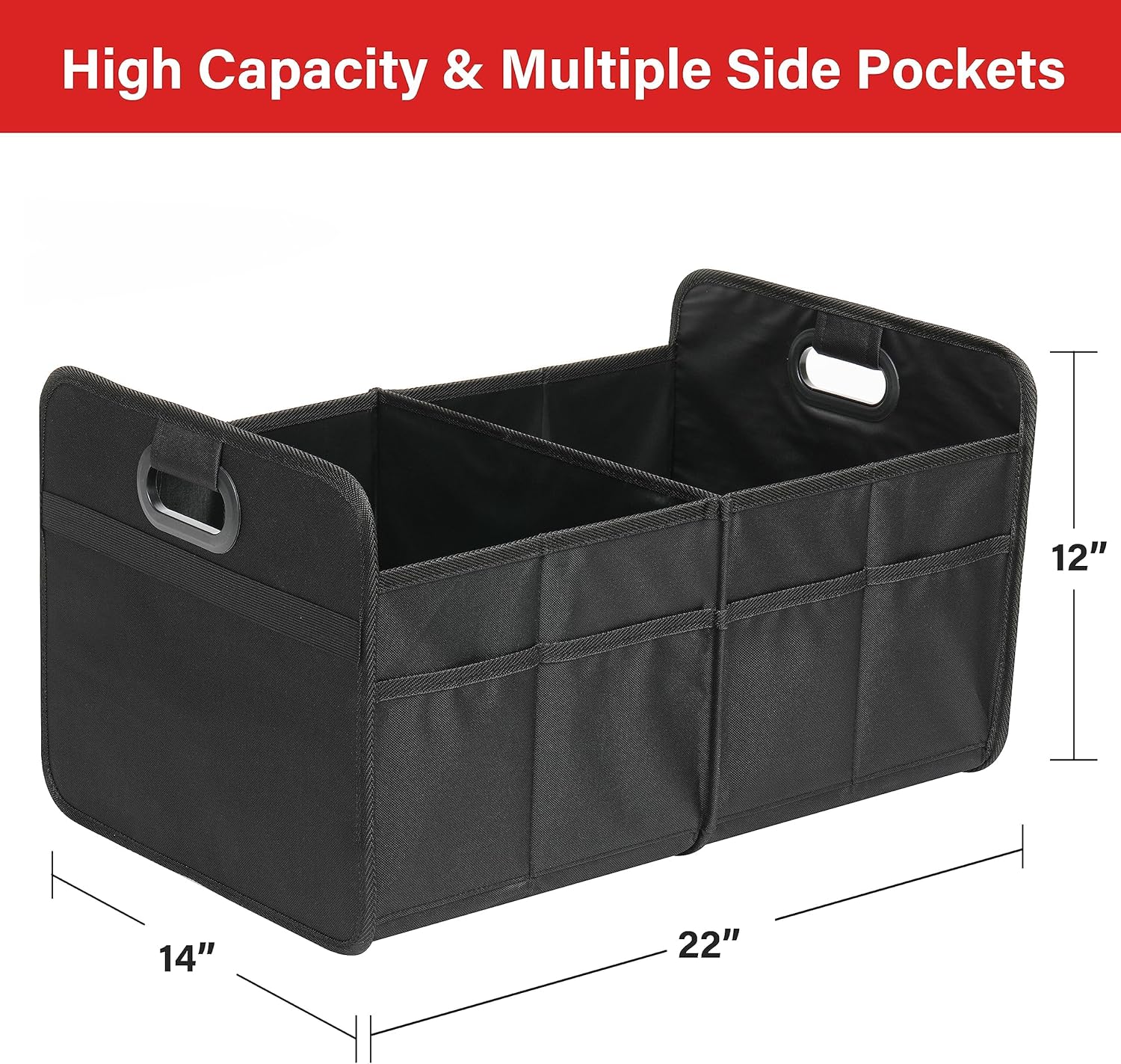 2 Compartments Trunk Organizer for Car/SUV, Collapsible 600D Waterproof Oxford Polyester 50L Storage Box, Anti-slip & Leak-proof, Multipurpose Travel Accessories, Black