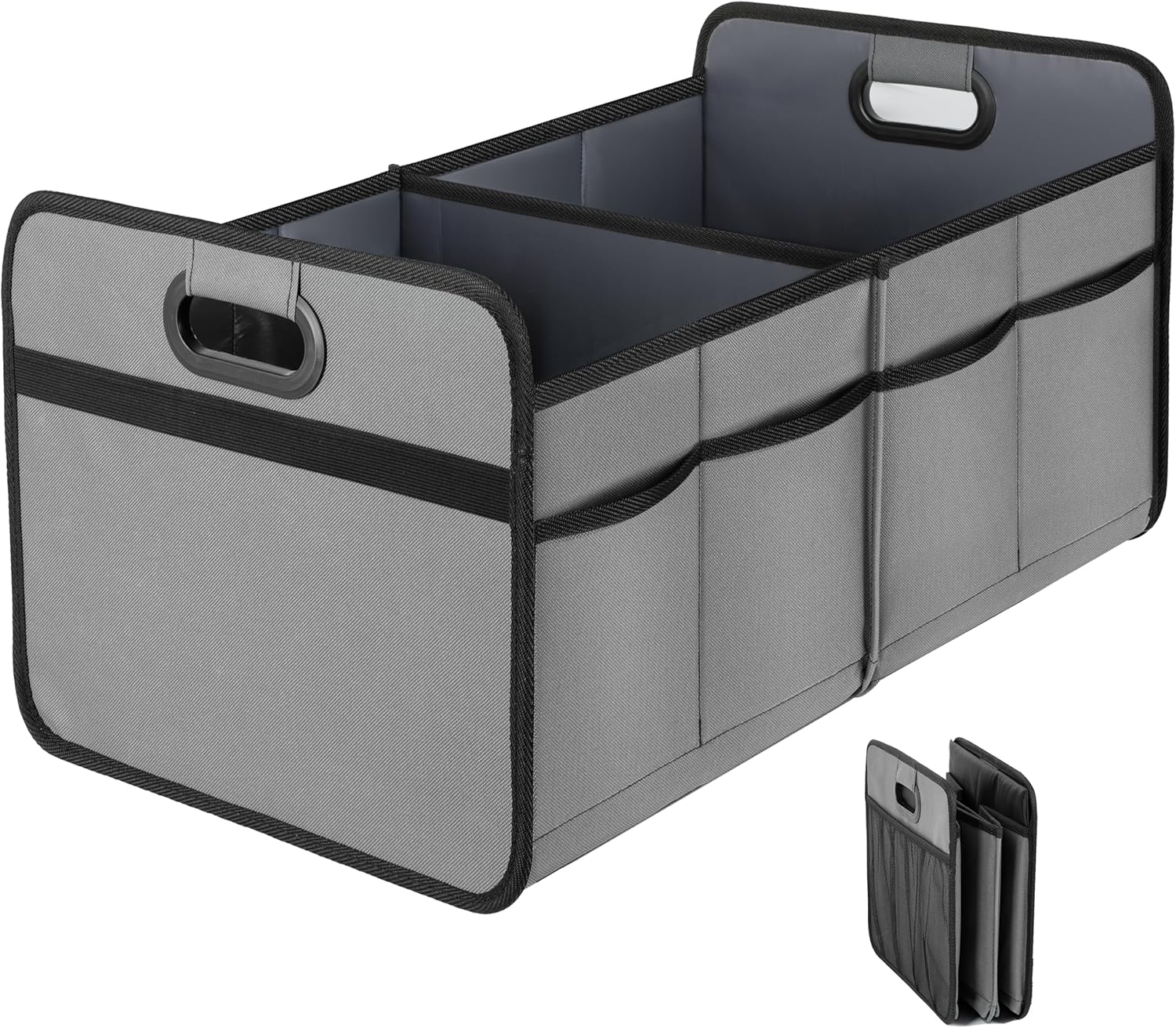 2 Compartments Car Trunk Organizer, 600D Oxford Polyester Car Storage, Anti-slip 14" D x 22" W x 12" H Collapsible Trunk Storage, Suitable for SUV, Minivan, Truck, Grey