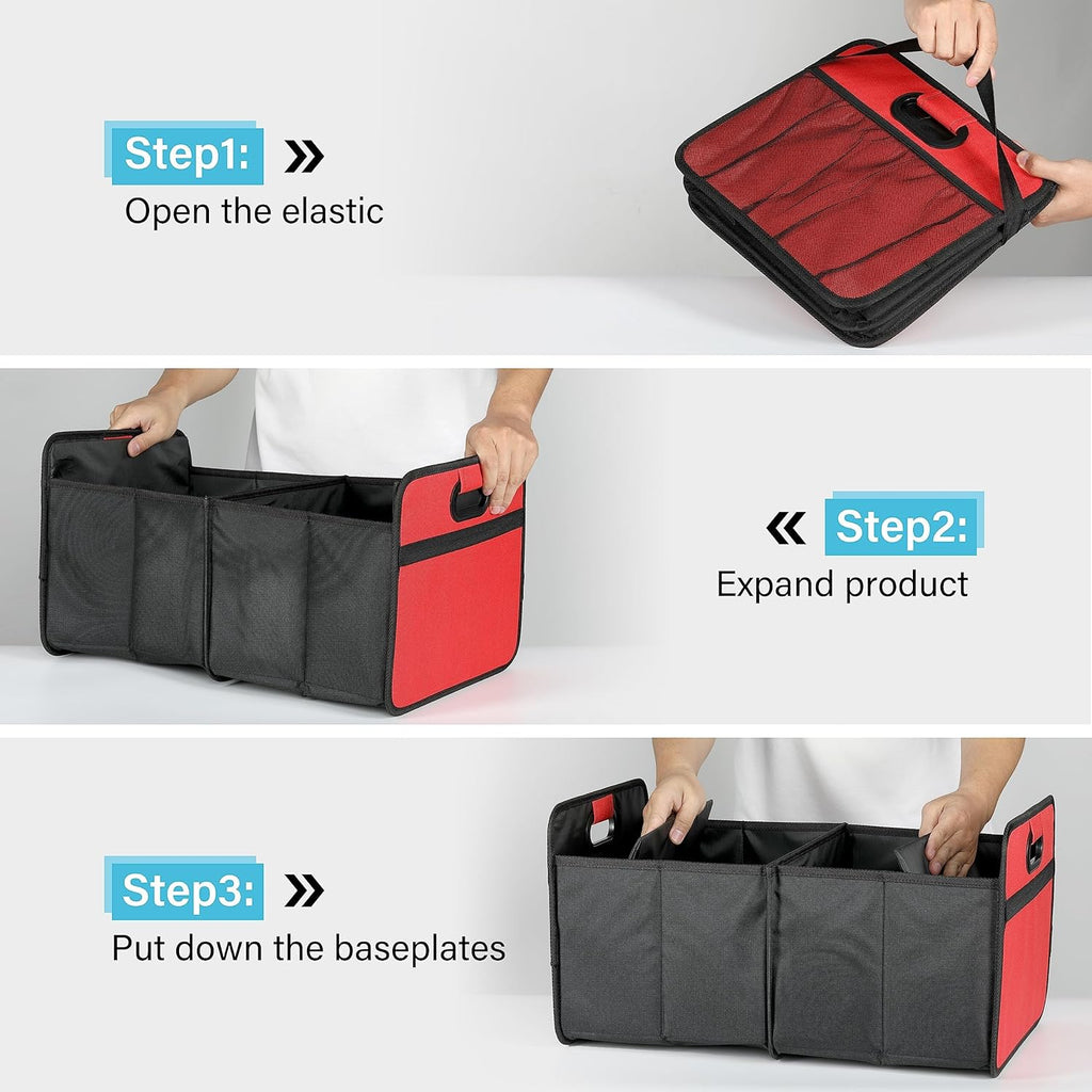 Car Trunk Organizer, 2 Compartments Collapsible Trunk Storage, Anti-slip Design, Made of Waterproof 600D Oxford Polyester, Suitable for SUV, Minivan, Truck, Standard Size, Red